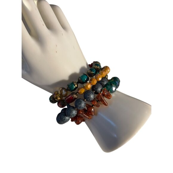 Colorful Multicolor Beaded Elastic Bracelet Set With Turquoise Red Amber & Yello - Picture 6 of 13